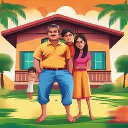 Create a movie poster featuring an Indian family consisting of a father, mother, and two sons