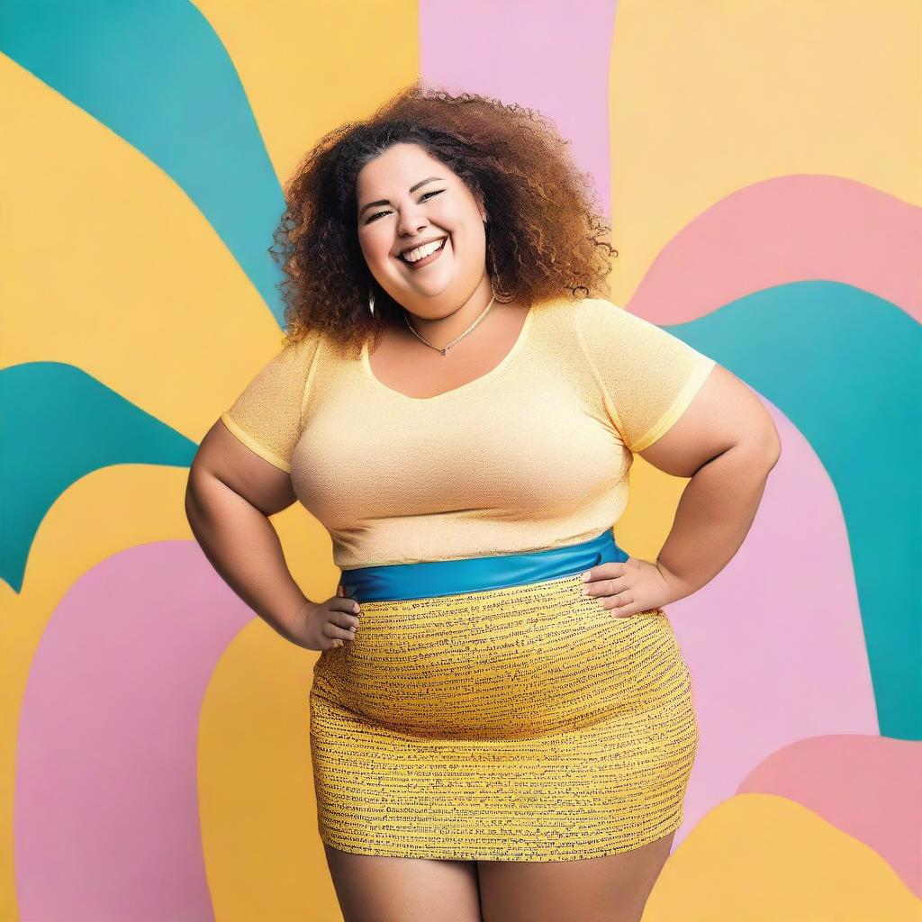 A chubby woman wearing a mini skirt, depicted in a positive and confident manner