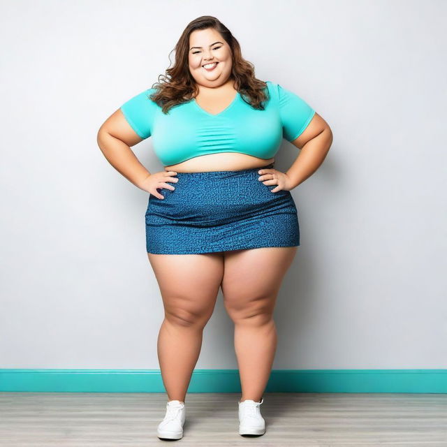 A chubby woman wearing a mini skirt, depicted in a positive and confident manner