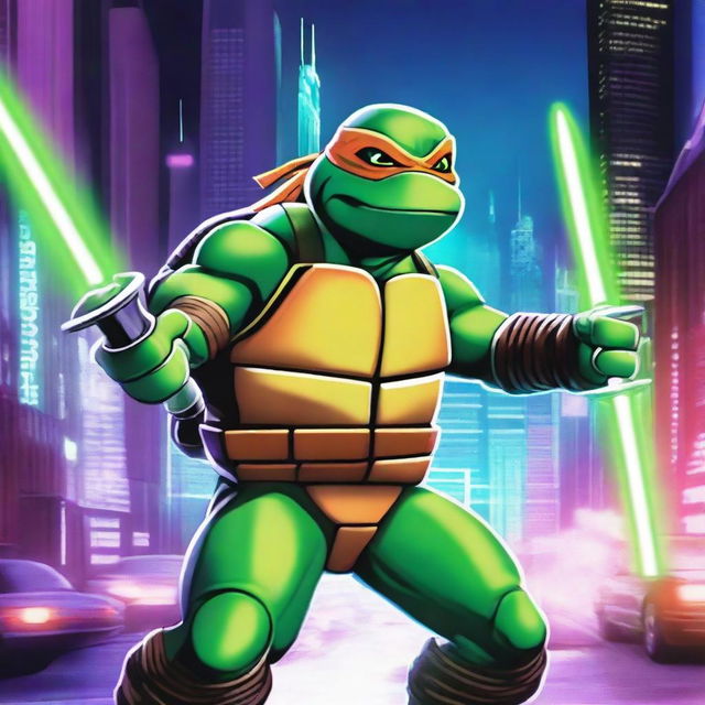 A Ninja Turtle dressed as a Jedi, wielding a green laser sword