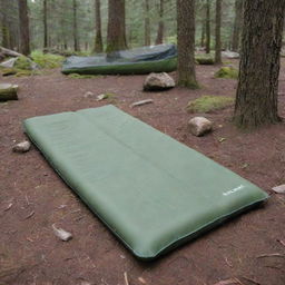 Show a rectangular, single-person, foldable sleeping pad with squared edges, set in a relaxed camping scenario, highlighting its distinctive design and functional ease.