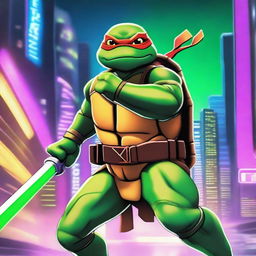 A Ninja Turtle dressed as a Jedi, wielding a green laser sword