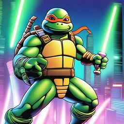 A Ninja Turtle dressed as a Jedi, wielding a green laser sword