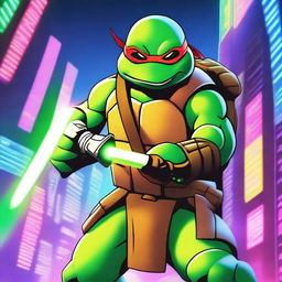 A Ninja Turtle dressed as a Jedi, wielding a green laser sword