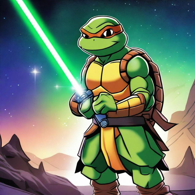 A Ninja Turtle dressed as a Jedi, wielding a green lightsaber