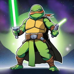 A Ninja Turtle dressed as a Jedi, wielding a green lightsaber