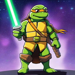 A Ninja Turtle dressed as a Jedi, wielding a green lightsaber