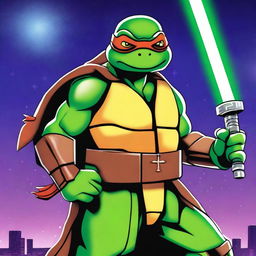 A Ninja Turtle dressed as a Jedi, wielding a green lightsaber