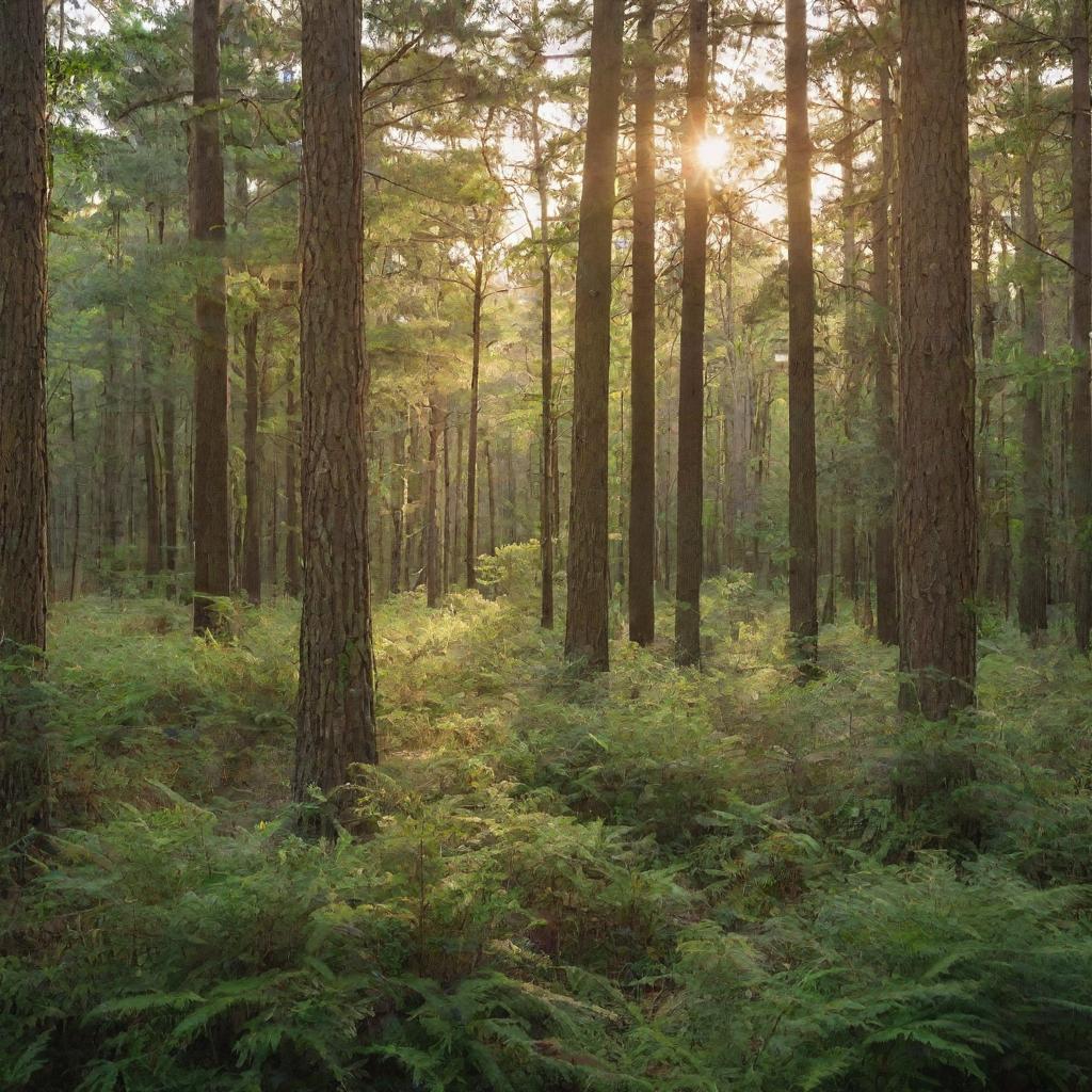 A lush, green woods scene in Hammond, Louisiana, teeming with towering pines and a diverse array of flora and fauna, bathed in the golden light of a setting sun.