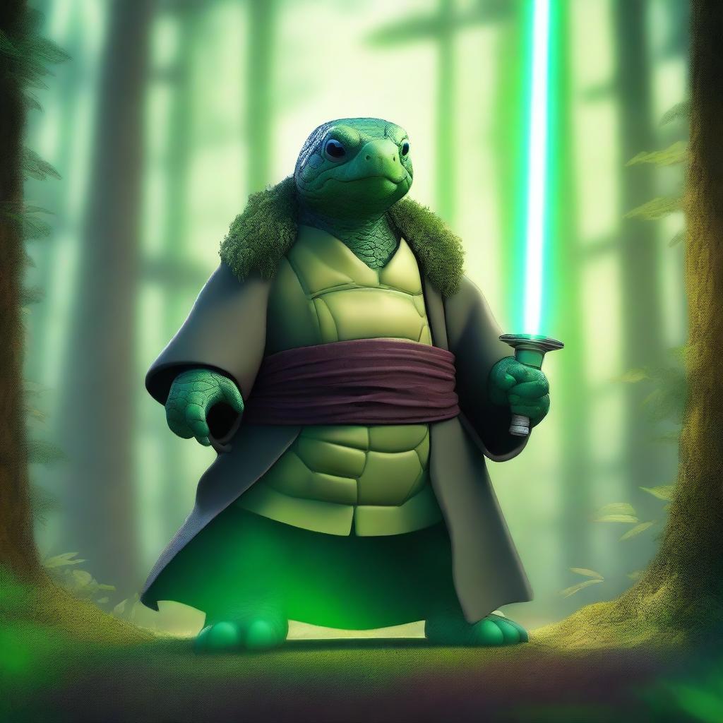 A turtle dressed as a Jedi, wearing traditional Jedi robes and wielding a green lightsaber