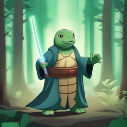 A turtle dressed as a Jedi, wearing traditional Jedi robes and wielding a green lightsaber