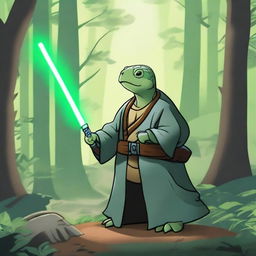 A turtle dressed as a Jedi, wearing traditional Jedi robes and wielding a green lightsaber