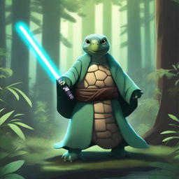 A turtle dressed as a Jedi, wearing traditional Jedi robes and wielding a green lightsaber