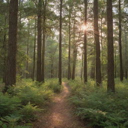 A lush, green woods scene in Hammond, Louisiana, teeming with towering pines and a diverse array of flora and fauna, bathed in the golden light of a setting sun.