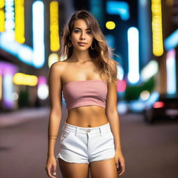 A seductive young woman wearing a strapless crop top and shorts, posing confidently in the streets