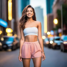 A seductive young woman wearing a strapless crop top and shorts, posing confidently in the streets