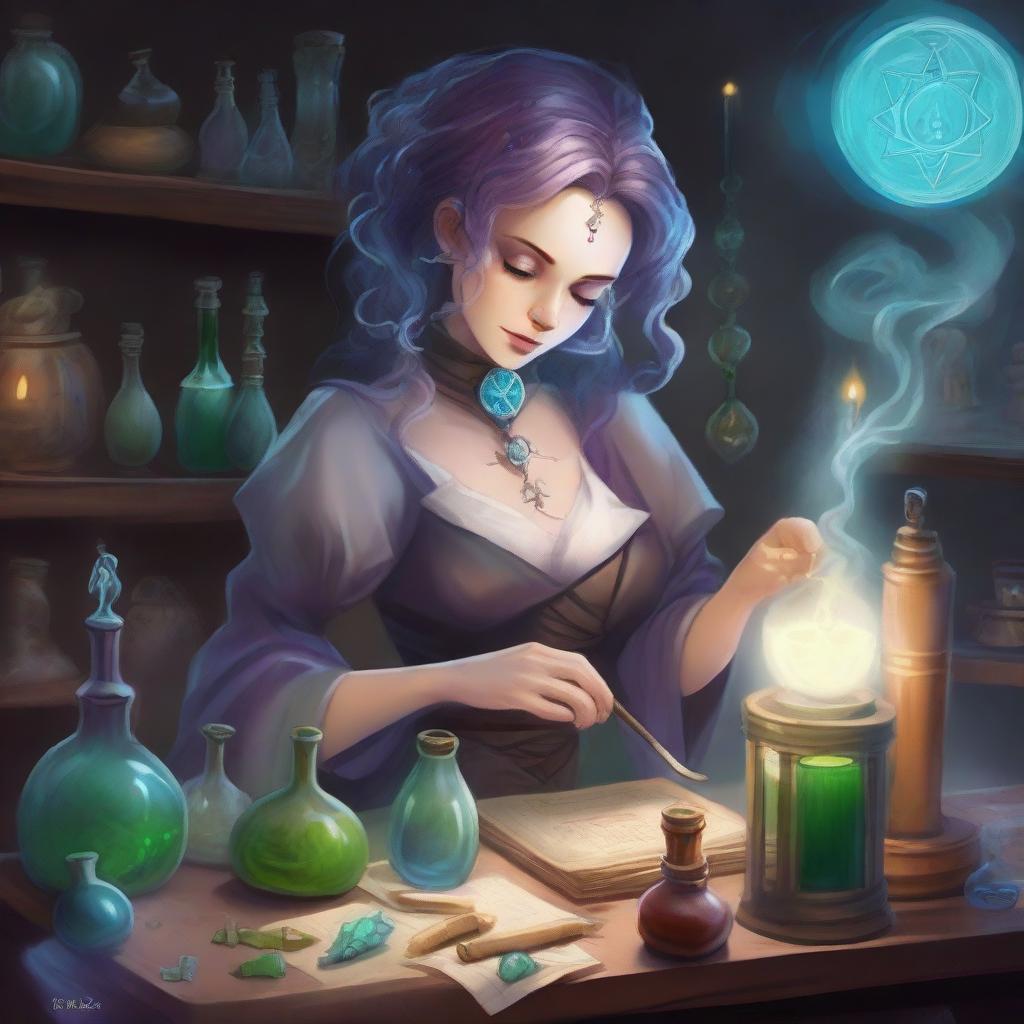 A detailed illustration of a female Changeling alchemist in a fantasy setting