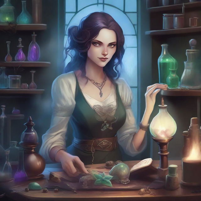 A detailed illustration of a female Changeling alchemist in a fantasy setting