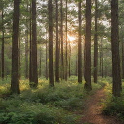 A lush, green woods scene in Hammond, Louisiana, teeming with towering pines and a diverse array of flora and fauna, bathed in the golden light of a setting sun.