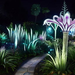 An enchanting magical garden, filled with radiant, oversized blossoms of all colors, bioluminescent plants that glow in the dark, wandering mythical creatures, sparkling water features, and a canopy of starlit vines overhead.