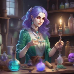 A detailed illustration of a female Changeling alchemist in a fantasy setting