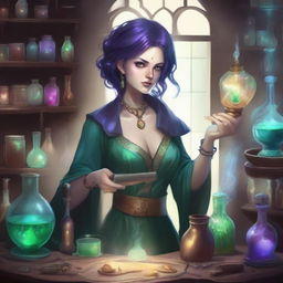 A detailed illustration of a female Changeling alchemist in a fantasy setting