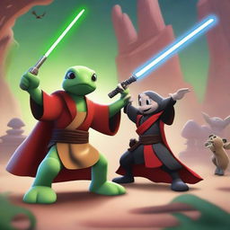 A Jedi turtle, dressed in traditional Jedi robes, wields a green lightsaber and engages in an epic battle with Mickey Mouse, who is dressed in Sith attire and wields a red lightsaber