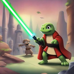 A Jedi turtle, dressed in traditional Jedi robes, wields a green lightsaber and engages in an epic battle with Mickey Mouse, who is dressed in Sith attire and wields a red lightsaber