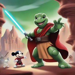 A Jedi turtle, dressed in traditional Jedi robes, wields a green lightsaber and engages in an epic battle with Mickey Mouse, who is dressed in Sith attire and wields a red lightsaber