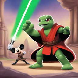 A Jedi turtle, dressed in traditional Jedi robes, wields a green lightsaber and engages in an epic battle with Mickey Mouse, who is dressed in Sith attire and wields a red lightsaber