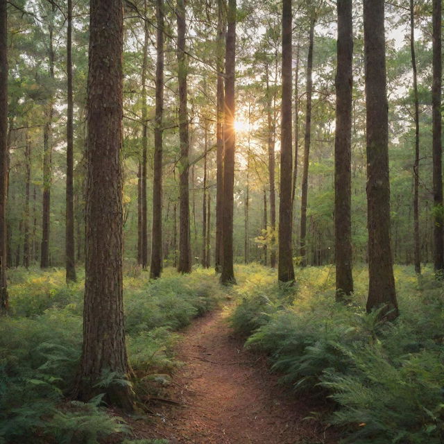 A lush, green woods scene in Hammond, Louisiana, teeming with towering pines and a diverse array of flora and fauna, bathed in the golden light of a setting sun.