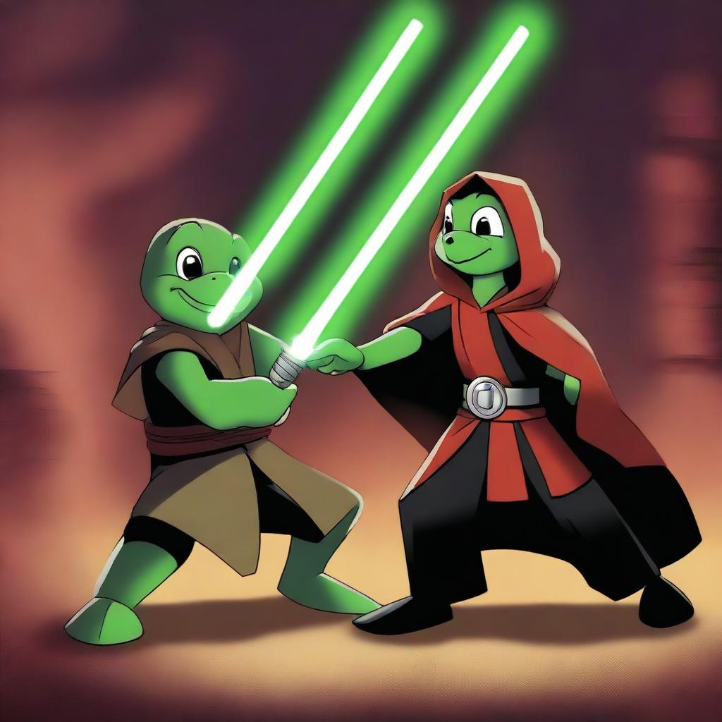 A Turtle Jedi dressed in traditional Jedi robes wields a green lightsaber, engaging in an epic battle against Sith Mickey Mouse, who is dressed in Sith attire and wields a red lightsaber