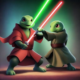 A Turtle Jedi dressed in traditional Jedi robes wields a green lightsaber, engaging in an epic battle against Sith Mickey Mouse, who is dressed in Sith attire and wields a red lightsaber