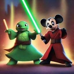 A Turtle Jedi dressed in traditional Jedi robes wields a green lightsaber, engaging in an epic battle against Sith Mickey Mouse, who is dressed in Sith attire and wields a red lightsaber