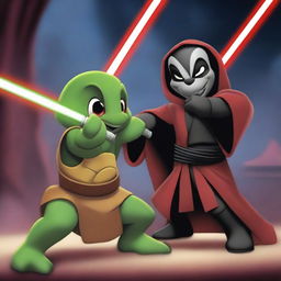 A Turtle Jedi dressed in traditional Jedi robes wields a green lightsaber, engaging in an epic battle against Sith Mickey Mouse, who is dressed in Sith attire and wields a red lightsaber