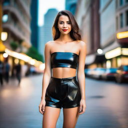 A seductive young woman wearing a strapless crop top and leather shorts, posing confidently in the streets