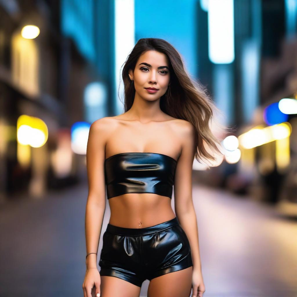 A seductive young woman wearing a strapless crop top and leather shorts, posing confidently in the streets