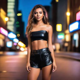 A seductive young woman wearing a strapless crop top and leather shorts, posing confidently in the streets