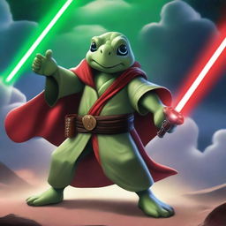 A Jedi turtle, dressed in traditional Jedi robes, wields a green laser sword while engaging in an epic battle against an evil Mickey Mouse