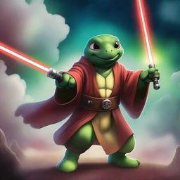 A Jedi turtle, dressed in traditional Jedi robes, wields a green laser sword while engaging in an epic battle against an evil Mickey Mouse