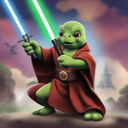 A Jedi turtle, dressed in traditional Jedi robes, wields a green laser sword while engaging in an epic battle against an evil Mickey Mouse