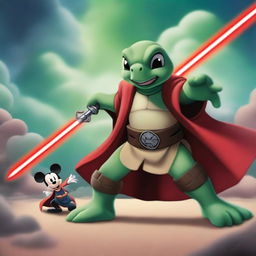 A Jedi turtle, dressed in traditional Jedi robes, wields a green laser sword while engaging in an epic battle against an evil Mickey Mouse