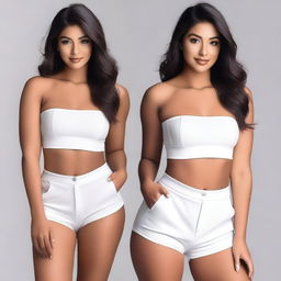 A seductive young woman wearing a white strapless crop top and high-waist shorts, posing confidently