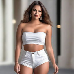 A seductive young woman wearing a white strapless crop top and high-waist shorts, posing confidently