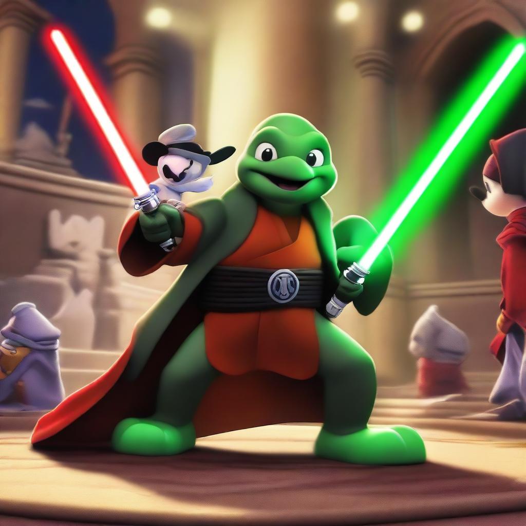 A Jedi turtle in traditional Jedi robes wielding a green lightsaber engages in an epic battle against an evil Mickey Mouse, who is dressed in Sith attire and holds a red lightsaber