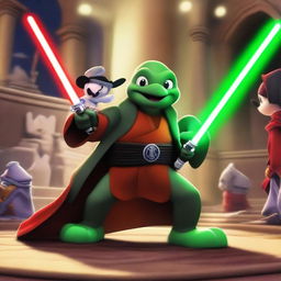 A Jedi turtle in traditional Jedi robes wielding a green lightsaber engages in an epic battle against an evil Mickey Mouse, who is dressed in Sith attire and holds a red lightsaber