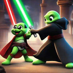 A Jedi turtle in traditional Jedi robes wielding a green lightsaber engages in an epic battle against an evil Mickey Mouse, who is dressed in Sith attire and holds a red lightsaber