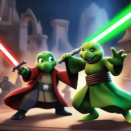 A Jedi turtle in traditional Jedi robes wielding a green lightsaber engages in an epic battle against an evil Mickey Mouse, who is dressed in Sith attire and holds a red lightsaber