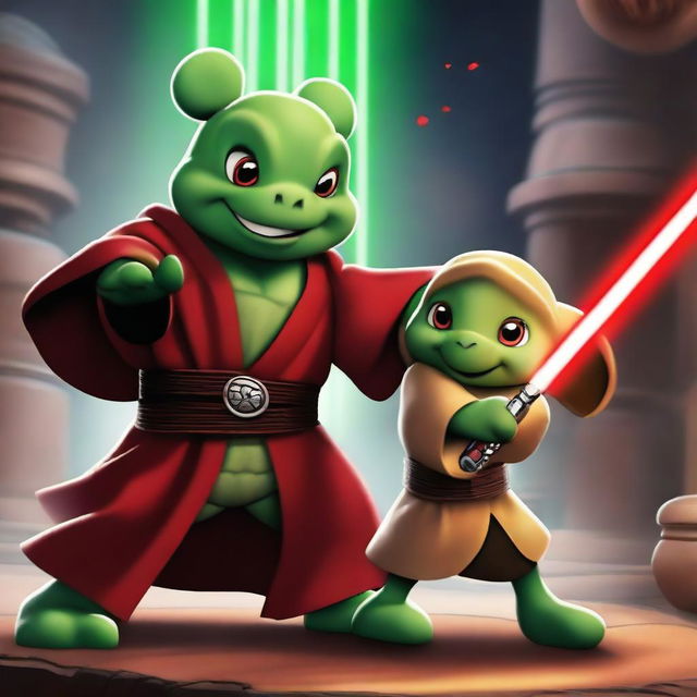 A Jedi turtle in traditional Jedi robes wielding a green lightsaber engages in an epic battle against an evil Mickey Mouse, who is dressed in Sith attire and holds a red lightsaber