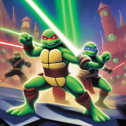 A dynamic scene featuring a Ninja Turtle dressed as a Jedi, wielding a green laser sword, engaged in an epic battle against Mickey Mouse who is dressed as a Sith with a red laser sword in his hands